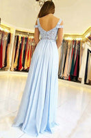 Load image into Gallery viewer, Cold Shoulder Light Blue Tulle Long Prom Dress with Appliques