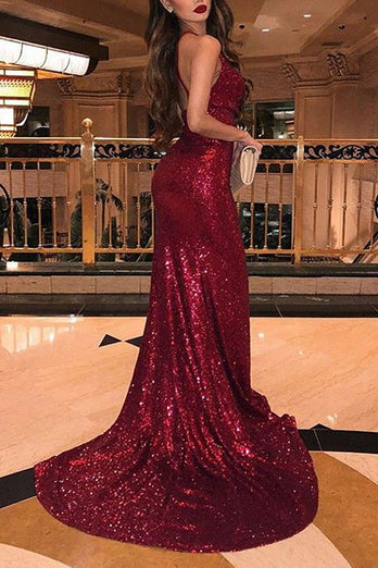 Sparkly Mermaid Burgundy Long Prom Dress with Slit