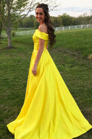 Load image into Gallery viewer, A-Line Satin Yellow Off The Shoulder Long Prom Dress
