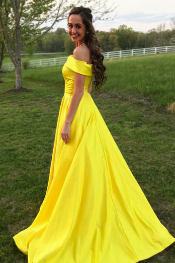 A-Line Satin Yellow Off The Shoulder Long Prom Dress