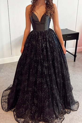 Sparkly Spaghetti Straps Light Blue Tulle Long Prom Dress
