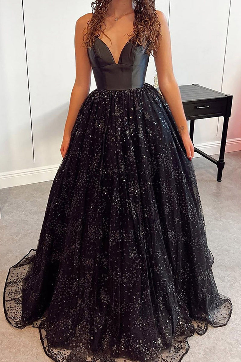 Load image into Gallery viewer, Sparkly Spaghetti Straps Light Blue Tulle Long Prom Dress