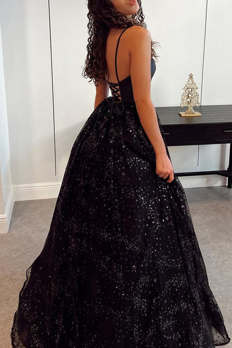 Load image into Gallery viewer, Sparkly Spaghetti Straps Light Blue Tulle Long Prom Dress