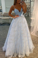 Load image into Gallery viewer, Sparkly Spaghetti Straps Light Blue Tulle Long Prom Dress