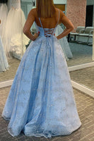 Load image into Gallery viewer, Sparkly Spaghetti Straps Light Blue Tulle Long Prom Dress