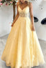 Load image into Gallery viewer, Spaghetti Straps Light Yellow Long Corset Prom Dress with Appliques