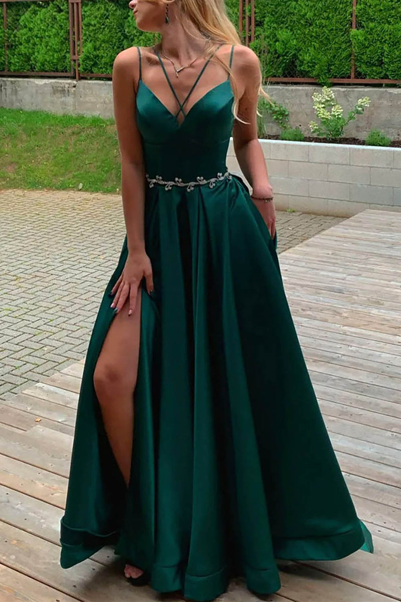 Load image into Gallery viewer, A-Line Spaghetti Straps Satin Dark Green Long Prom Dress with Slit