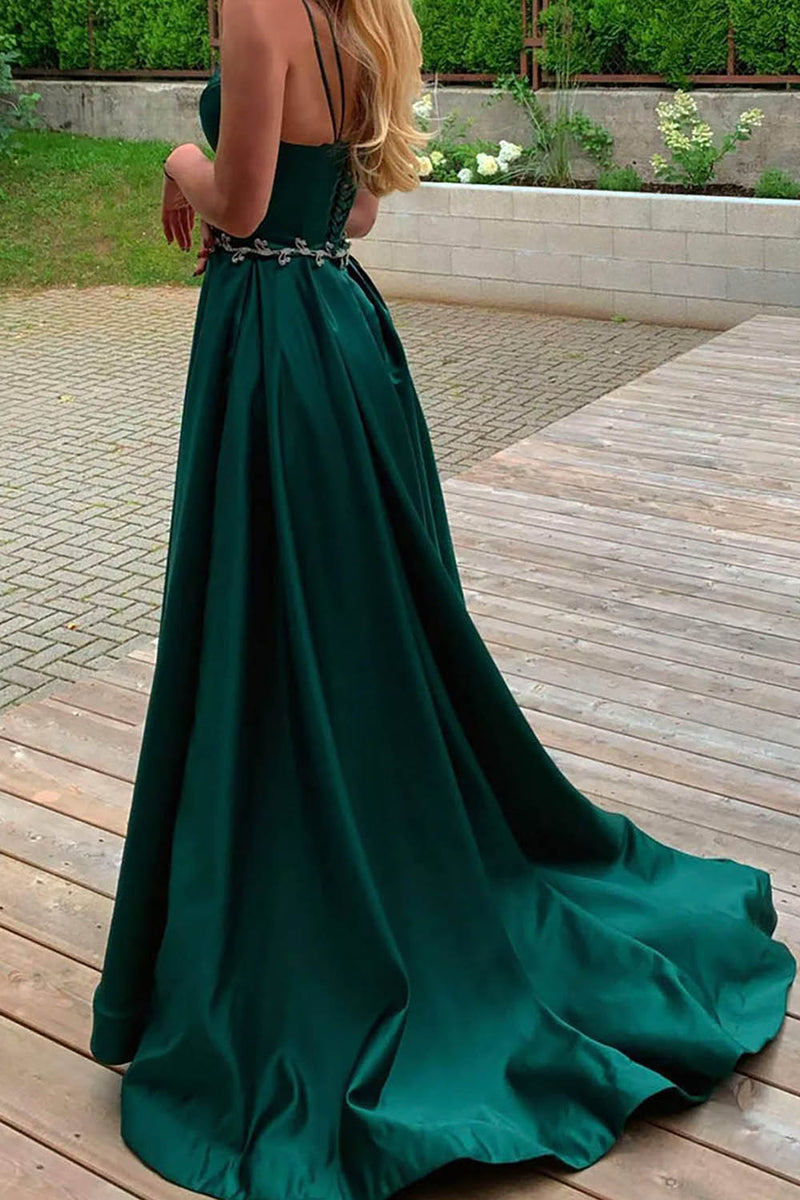 Load image into Gallery viewer, A-Line Spaghetti Straps Satin Dark Green Long Prom Dress with Slit