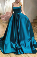 Load image into Gallery viewer, A-Line Halter Peacock Blue Satin Long Prom Dress