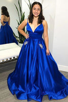 Load image into Gallery viewer, A-Line Spaghetti Straps Royal Blue Satin Long Prom Dress with Pockets