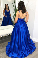 Load image into Gallery viewer, A-Line Spaghetti Straps Royal Blue Satin Long Prom Dress with Pockets