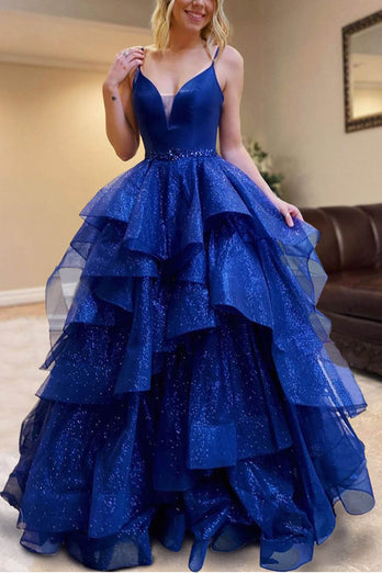 Sparkly Tulle Tiered Spaghetti Straps Red Long Prom Dress