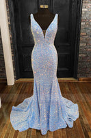 Load image into Gallery viewer, Mermaid Spaghetti Straps Light Blue Sparkly Long Prom Dress