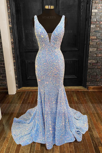 Mermaid Spaghetti Straps Light Blue Sparkly Long Prom Dress