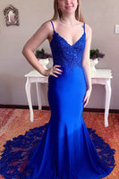 Load image into Gallery viewer, Mermaid Spaghetti Straps Royal Blue Long Prom Dress with Appliques