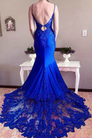 Load image into Gallery viewer, Mermaid Spaghetti Straps Royal Blue Long Prom Dress with Appliques