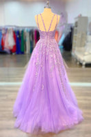 Load image into Gallery viewer, A-Line Spaghetti Straps Purple Tulle Long Prom Dress with Appliques