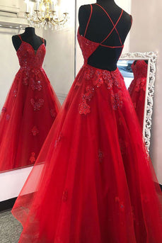 A-Line Sparkly Red Long Prom Dress with Appliques