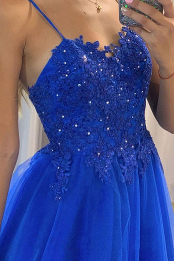 A-Line Spaghetti Straps Royal Blue Long Prom Dress with Beading