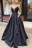 Load image into Gallery viewer, A-Line Spaghetti Straps Satin Black Long Prom Dress with Pockets