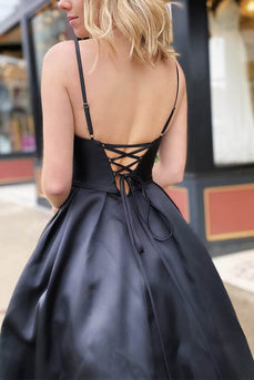 A-Line Spaghetti Straps Satin Black Long Prom Dress with Pockets