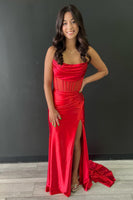 Load image into Gallery viewer, Red Sheath Corset Long Prom Dress with Slit