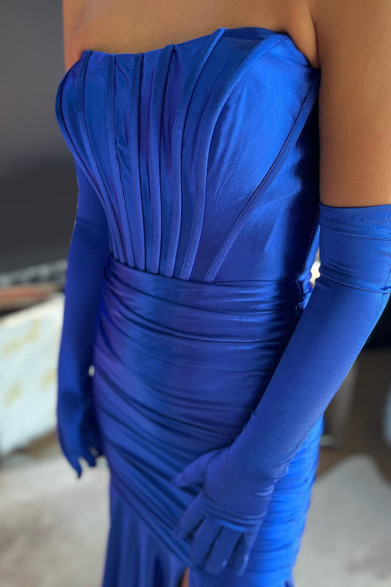 Load image into Gallery viewer, Royal Blue Corset Detachable Sleeves Mermaid Long Prom Dress with Slit