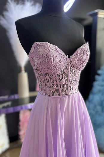 Lilac Corset A-Line Sweetheart Long Chiffon Prom Dress with Slit