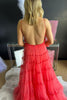 Load image into Gallery viewer, Red A-Line Deep V-Neck Backless Long Tulle Prom Dress