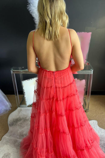 Red A-Line Deep V-Neck Backless Long Tulle Prom Dress