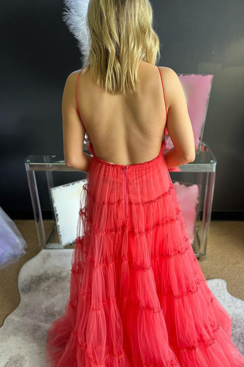 Load image into Gallery viewer, Red A-Line Deep V-Neck Backless Long Tulle Prom Dress