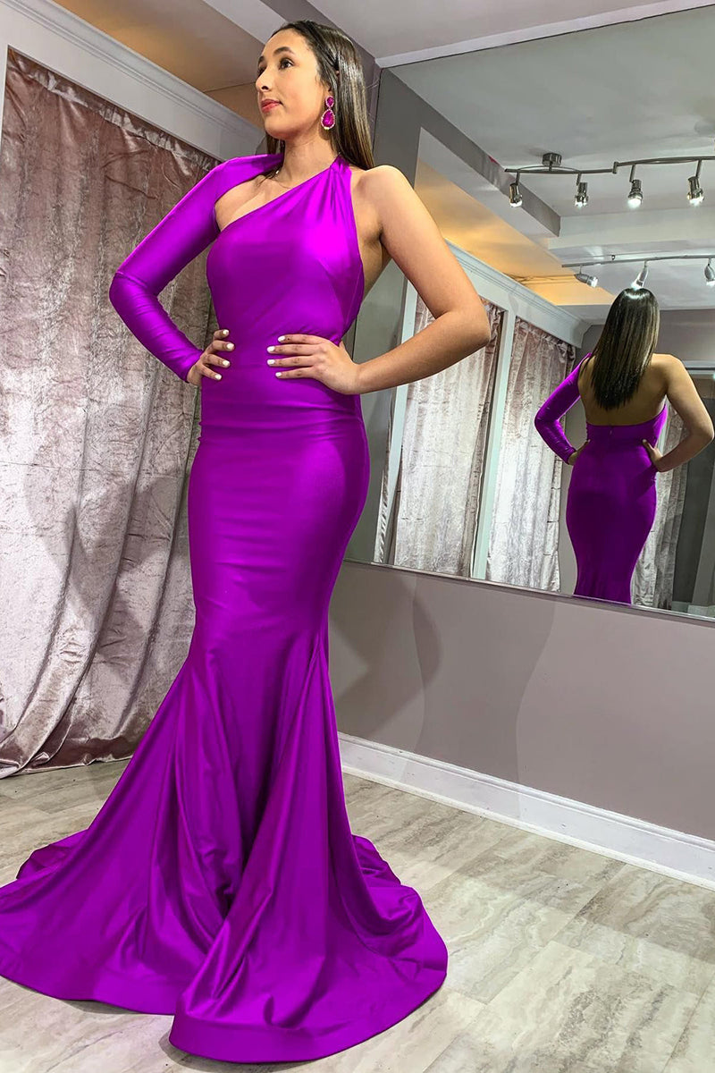 Load image into Gallery viewer, Grape Mermaid One Shoulder One Sleeve Long Prom Dress