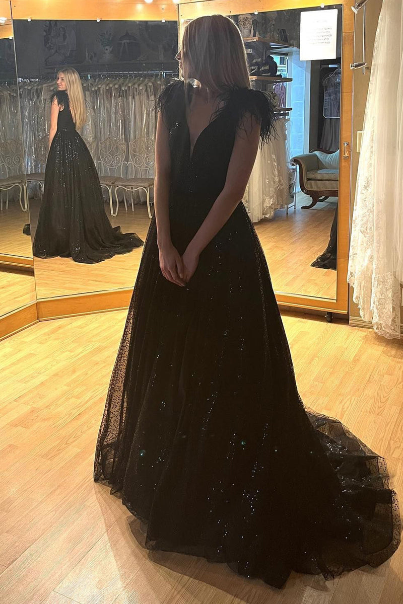 Load image into Gallery viewer, Sparkly A-Line Black Sequins Long Prom Dress with Slit