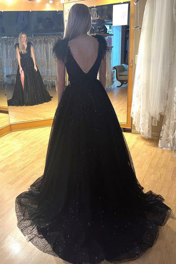Sparkly A-Line Black Sequins Long Prom Dress with Slit