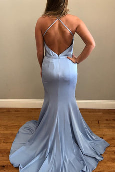 Simple Light Blue Halter Mermaid Long Backless Prom Dress
