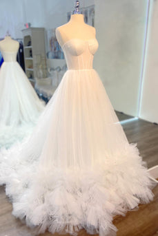 White Corset A-Line Sweetheart Long Prom Dress with Ruffles
