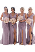 Load image into Gallery viewer, Ivory Sheath Chiffon Ruched Long Bridesmaid Dress with Slit