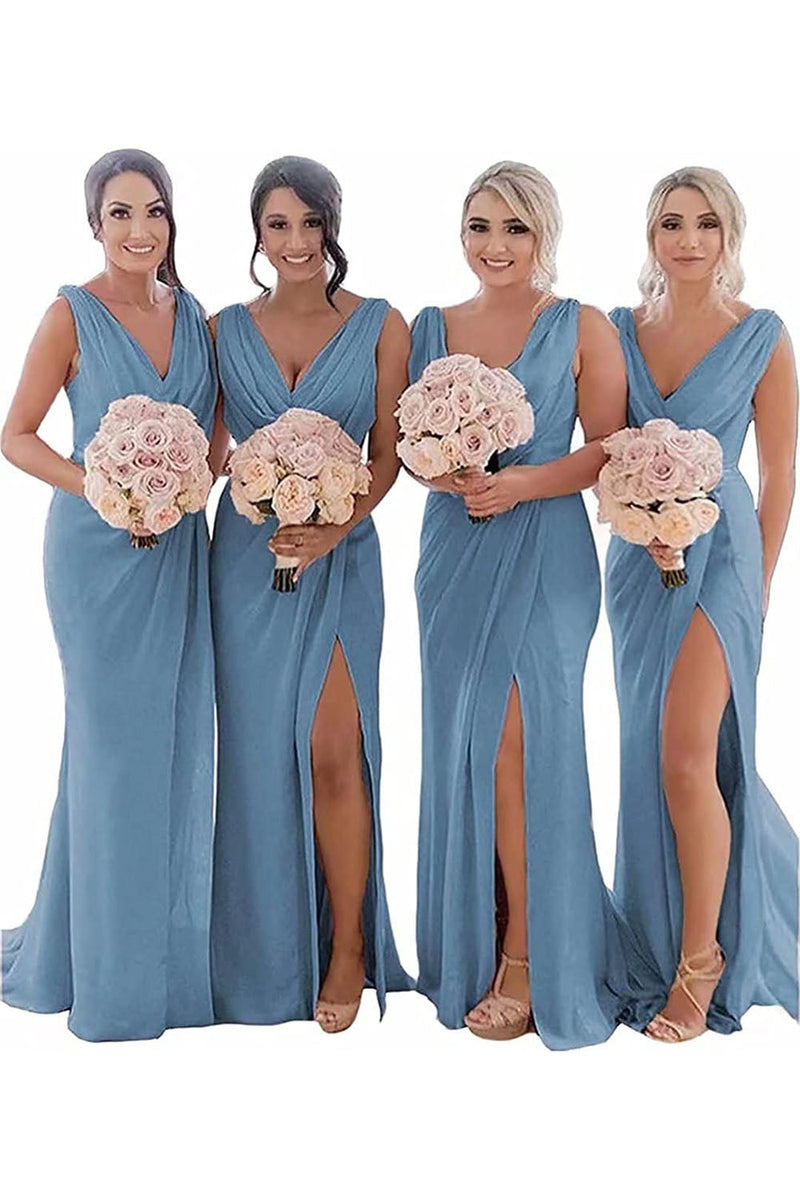 Load image into Gallery viewer, Ivory Sheath Chiffon Ruched Long Bridesmaid Dress with Slit
