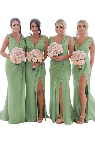 Dusty Sage Sheath Chiffon Ruched Long Bridesmaid Dress with Slit