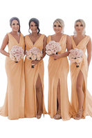 Load image into Gallery viewer, Ivory Sheath Chiffon Ruched Long Bridesmaid Dress with Slit