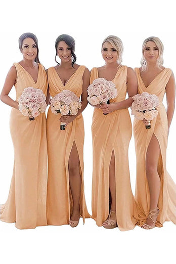 Ivory Sheath Chiffon Ruched Long Bridesmaid Dress with Slit