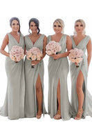 Load image into Gallery viewer, Dusty Sage Sheath Chiffon Ruched Long Bridesmaid Dress with Slit