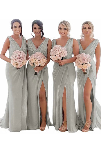 Dusty Sage Sheath Chiffon Ruched Long Bridesmaid Dress with Slit