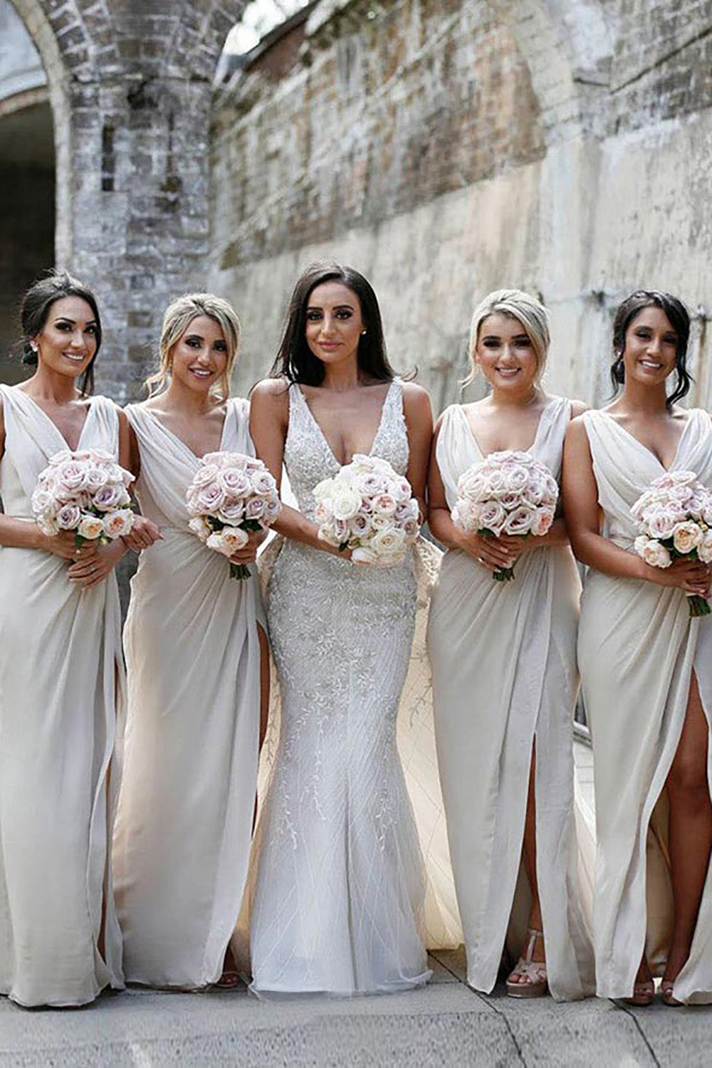 Queendancer Women Ivory Long Chiffon Boho Bridesmaid Dress V-Neck Wedding Party Dress with Slit queendanceruk Queendancer Women Ivory Long Chiffon Boho Bridesmaid Dress V-Neck Wedding Party Dress with Slit queendanceruk