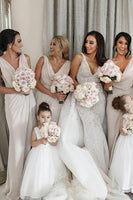 Load image into Gallery viewer, Ivory Sheath Chiffon Ruched Long Bridesmaid Dress with Slit