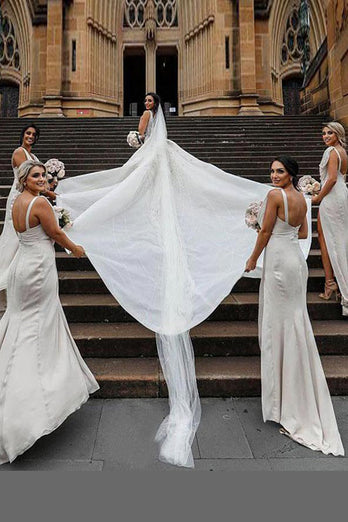 Ivory Sheath Chiffon Ruched Long Bridesmaid Dress with Slit