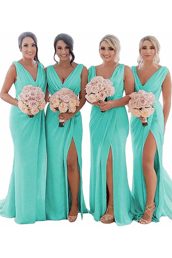 Dusty Sage Sheath Chiffon Ruched Long Bridesmaid Dress with Slit