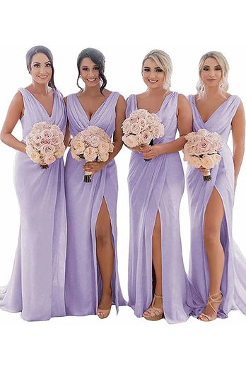 Dusty Sage Sheath Chiffon Ruched Long Bridesmaid Dress with Slit