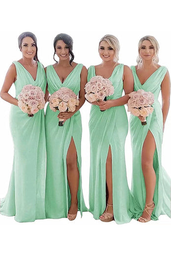 Dusty Sage Sheath Chiffon Ruched Long Bridesmaid Dress with Slit