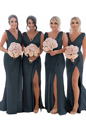 Dusty Sage Sheath Chiffon Ruched Long Bridesmaid Dress with Slit